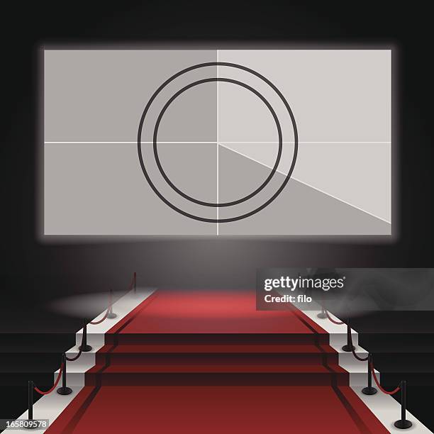 ilustrações, clipart, desenhos animados e ícones de tela de cinema com tapete vermelho - iluminado por holofote