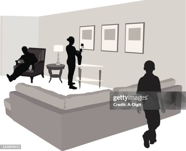 mother father son vector silhouette - man using tablet on couch stock illustrations