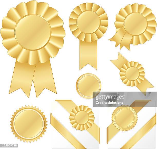 gold award rosettes, corner ribbons, stickers, and buttons set - second place stock illustrations