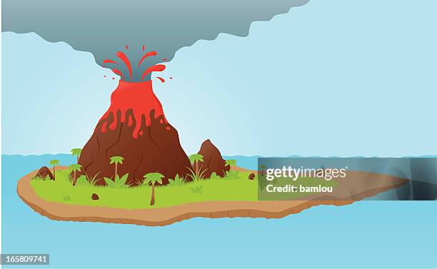 ilustraciones, imágenes clip art, dibujos animados e iconos de stock de volcán explosing en solitario island - volcanic landscape