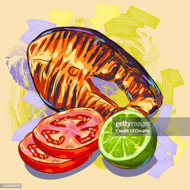 grilled salmon - baked salmon with lemon stock illustrations