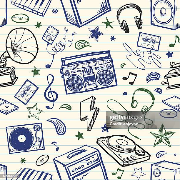 nahtlose skizzierte musik im hintergrund - headphones turntable stock-grafiken, -clipart, -cartoons und -symbole