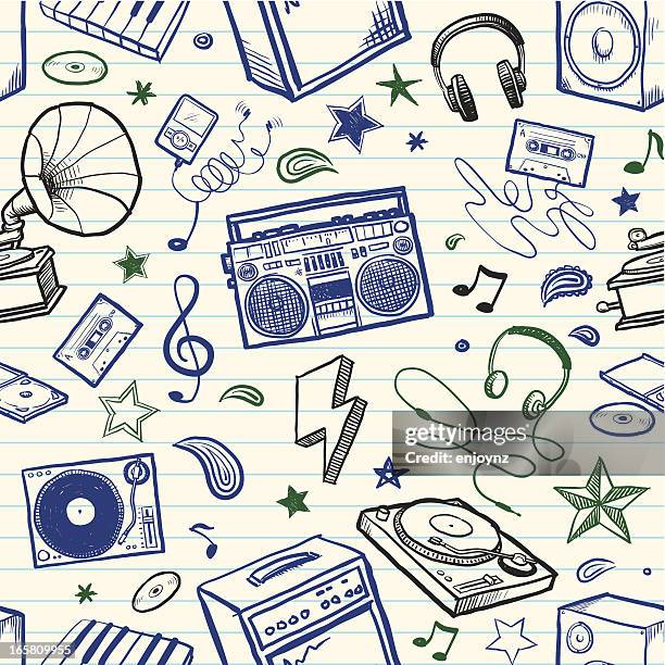 ilustrações de stock, clip art, desenhos animados e ícones de animado sem costura fundo de música - leitor de cd portátil