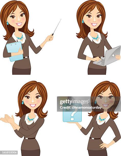 brunette geschäftsfrau in verschiedenen posen - pretty brunette woman cartoon stock-grafiken, -clipart, -cartoons und -symbole