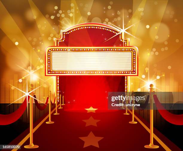 stockillustraties, clipart, cartoons en iconen met red carpet with marquee in flashy background - luifel theater