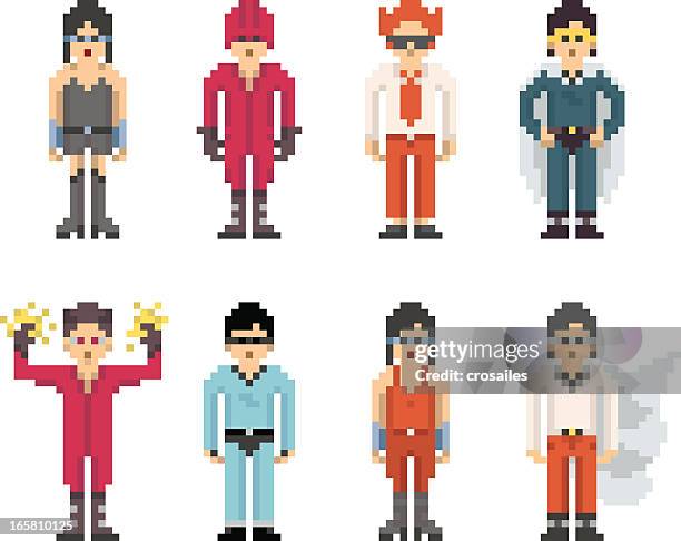 hero and antihero in pixel graphics - villain stock illustrations