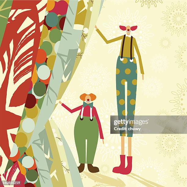 ilustrações de stock, clip art, desenhos animados e ícones de circo clowns por trás da cortina - alto altura humana