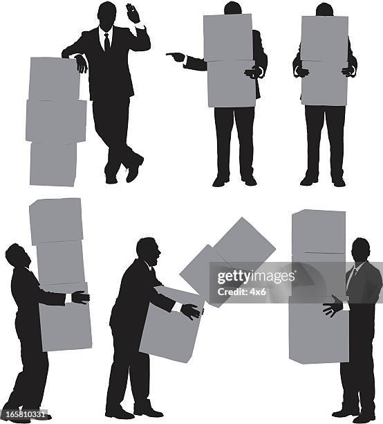 multiple images of a businessman with cardboard boxes - man carrying one box walking silhouette stock illustrations