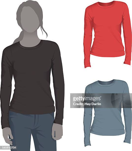 women's long sleeve t-shirt mockup template - blank t shirt model stock illustrations