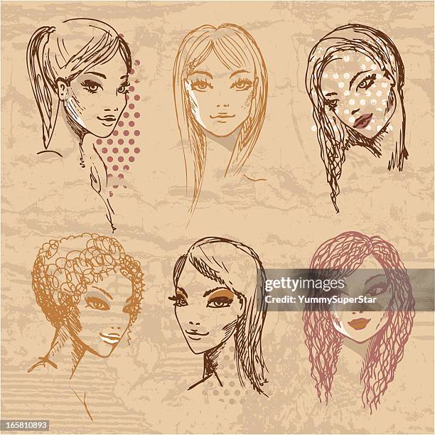 beauty faces sketch - makeup model stock illustrations