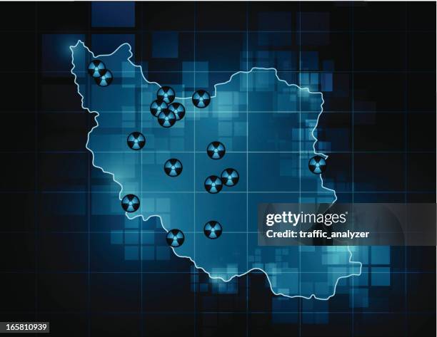 ilustraciones, imágenes clip art, dibujos animados e iconos de stock de irán mapa nucleares sitios - energía nuclear