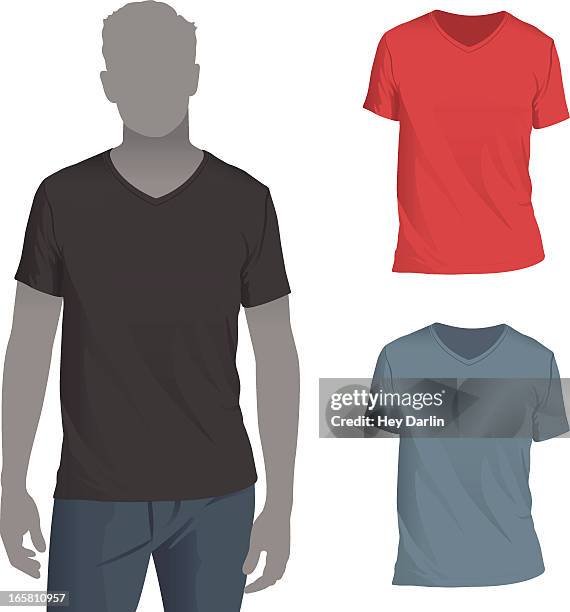 herren v-neck t-shirt mockup-vorlage - halsausschnitt stock-grafiken, -clipart, -cartoons und -symbole