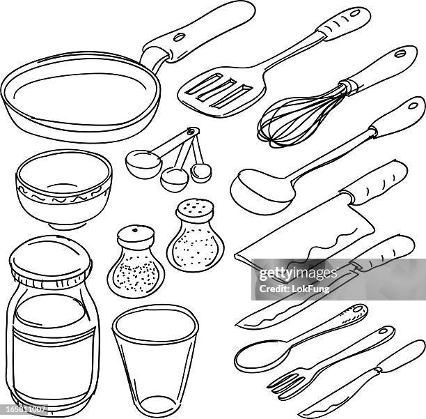 küchengeräte in skizze stil - löffel stock-grafiken, -clipart, -cartoons und -symbole