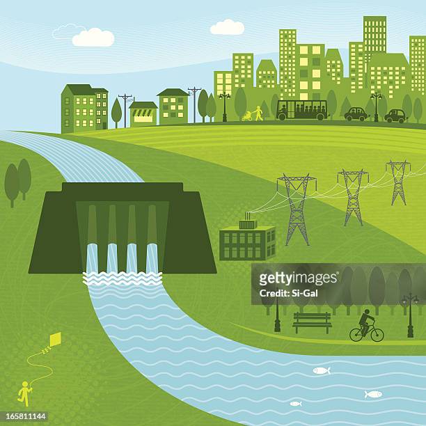 hydro energy - hydroelectric power stock illustrations
