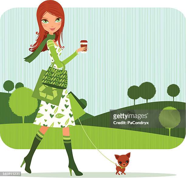 bildbanksillustrationer, clip art samt tecknat material och ikoner med green girl shopping with cozy coffee - green tea