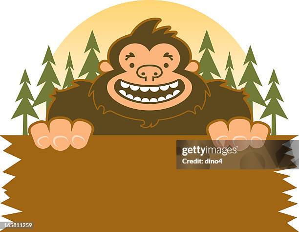 ilustrações de stock, clip art, desenhos animados e ícones de pé grande sorridente segurando sinal na floresta - zona de sasquatch