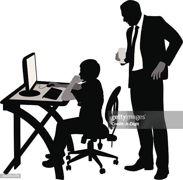 dads computer vector silhouette - kid looking at computer screen stock illustrations