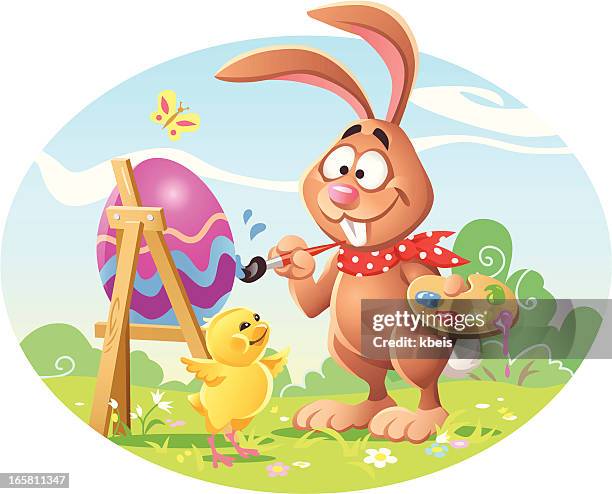 bunny painting easter egg - chicken decoration stock-grafiken, -clipart, -cartoons und -symbole