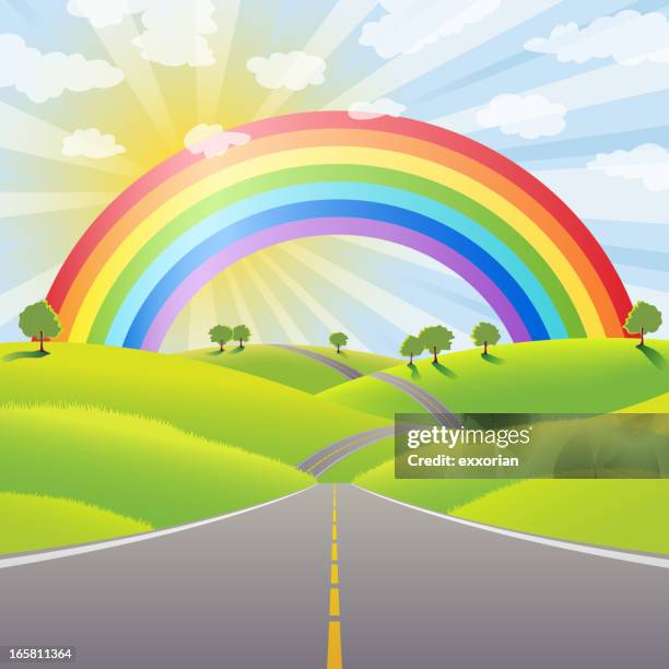 rainbow over the country dividing line - single lane road stock illustrations