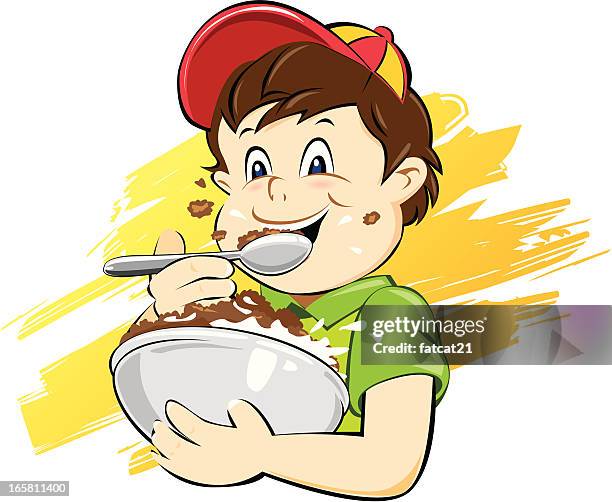 kid eating cereal - boy eating cereal stock illustrations