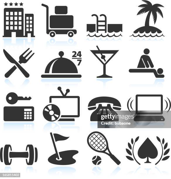 hotel vacation accommodation black & white vector icon set - hotel key card icon stock illustrations