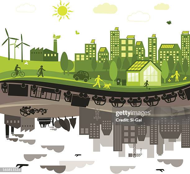 ilustraciones, imágenes clip art, dibujos animados e iconos de stock de verde vs. contaminado a la ciudad - contaminación ambiental