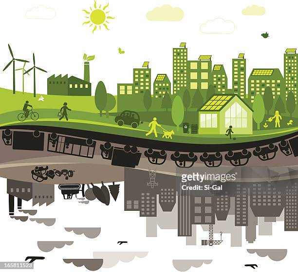 illustrations, cliparts, dessins animés et icônes de vert vs. pollué la ville - pollution