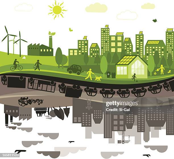 stockillustraties, clipart, cartoons en iconen met green vs. polluted city - vervuiling