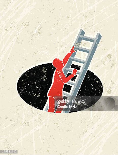 businessman climbing ladder out of a hole - hole stock illustrations