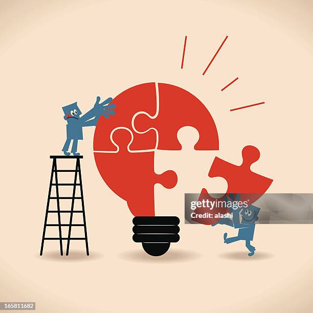 businessmen standing on ladder, completing an idea light bulb puzzle - changing lightbulb stock illustrations
