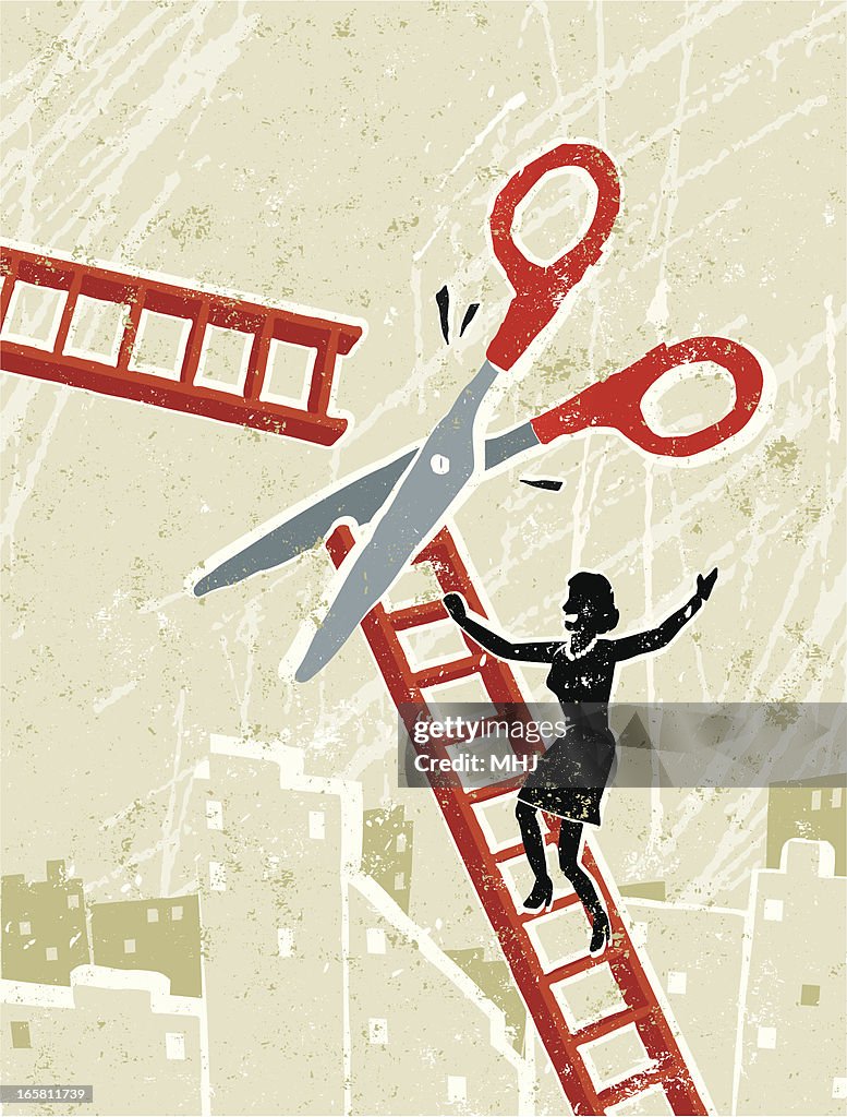 Business Woman and Corporate Ladder with Scissors