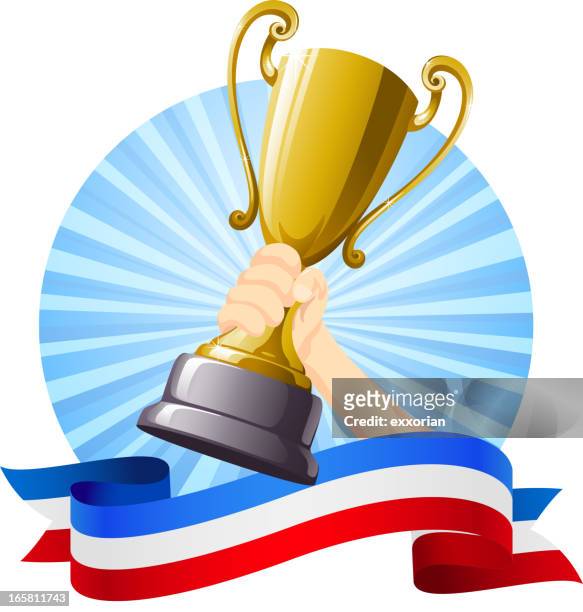 stockillustraties, clipart, cartoons en iconen met illustration of a hand holding a trophy over a banner - holding trophy