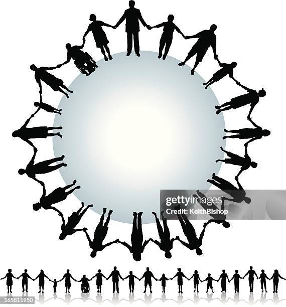 silhouette people holding hands in a circle and row background - civilian stock illustrations