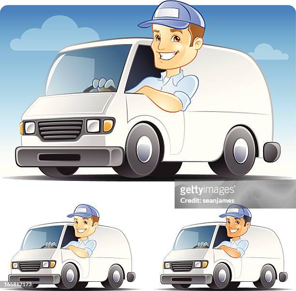 delivery man, serviceman, handyman, repairman driving van - people carrier stock illustrations