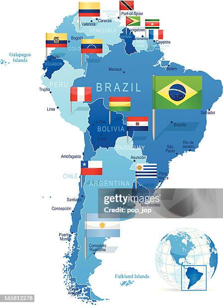 south america - map with flags - brasil global tour brazil v argentina stock illustrations