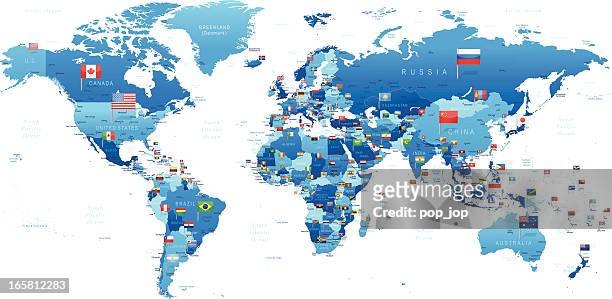 world map with flags - asia map vector stock illustrations