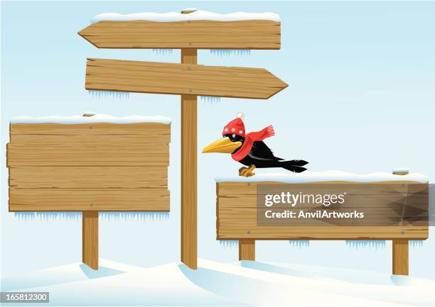 winter hölzerne schilder mit einem crow - schneewehe stock-grafiken, -clipart, -cartoons und -symbole