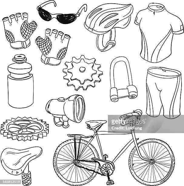fahrrad-ausstattung in schwarz und weiß - bicycle stock-grafiken, -clipart, -cartoons und -symbole