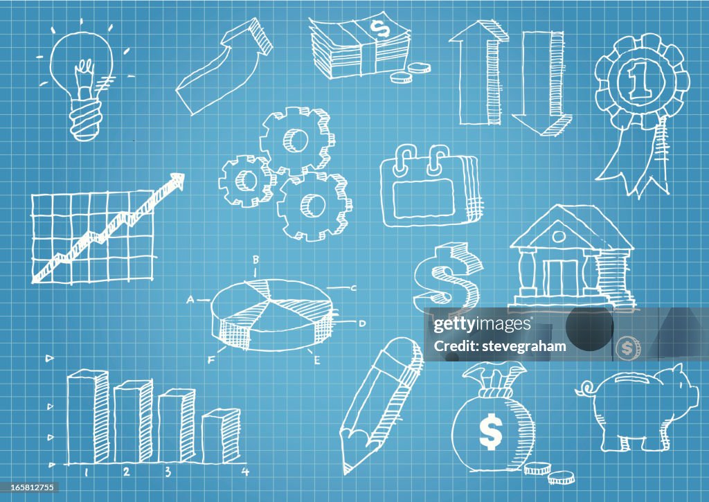 Business and finance hand drawn icons on blue graph paper