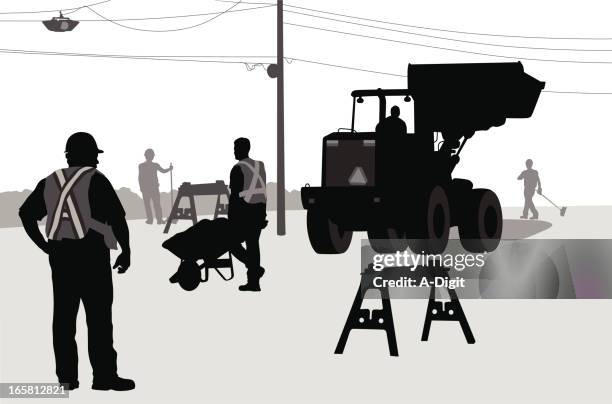 ilustrações de stock, clip art, desenhos animados e ícones de roadconstruction - pá carregadeira frontal