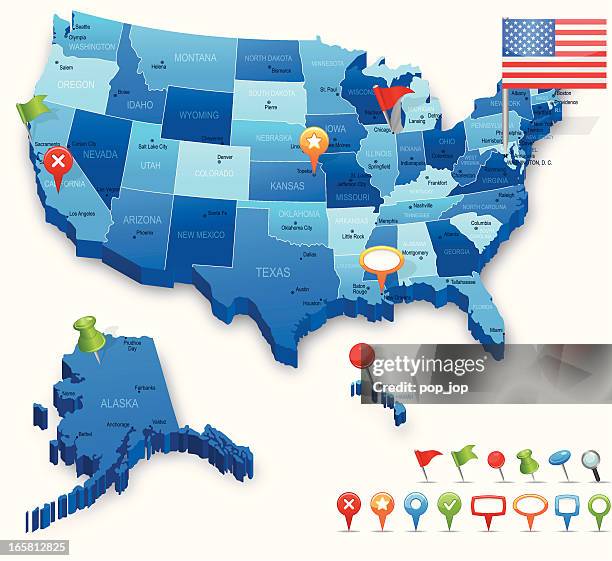 アメリカ 3 d 地図-国、都市、国旗、ナビゲーションアイコン - 距離標示点のイラスト素材／クリップアート素材／マンガ素材／アイコン素材