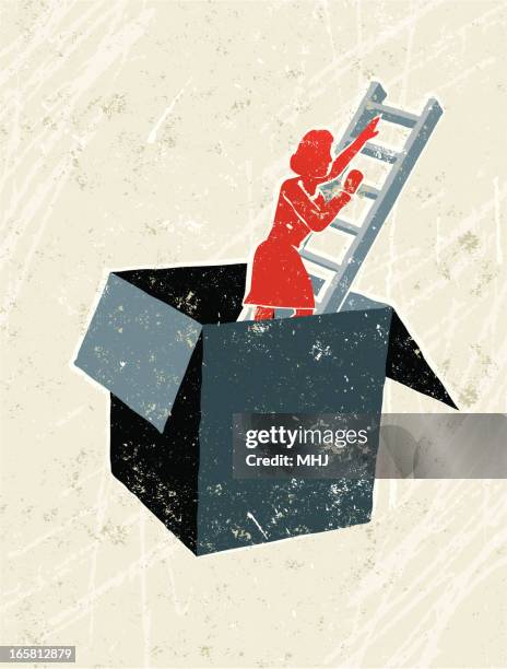 ilustraciones, imágenes clip art, dibujos animados e iconos de stock de woman climbing de una caja de escalera - escapismo