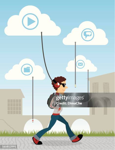 guy walk with cloud computing - blue backpack stock illustrations