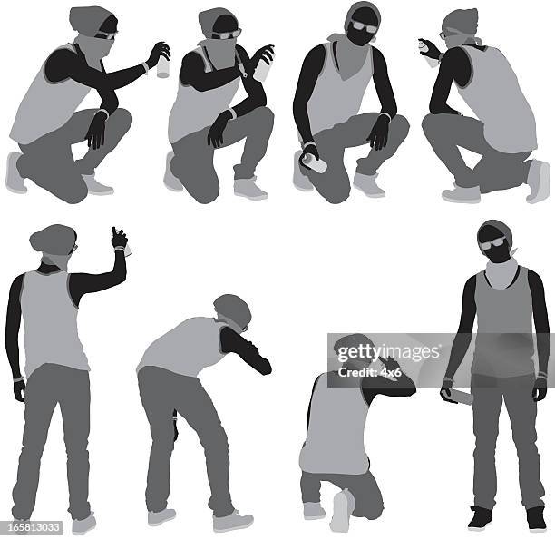 multiple images of a man doing graffiti - crouching stock illustrations