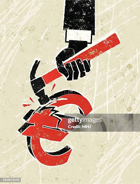 euro symbol being hit with a hammer - negative impact stock illustrations