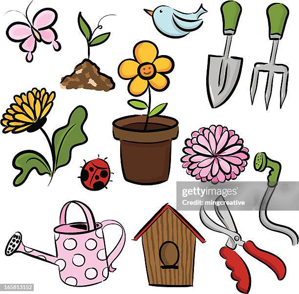 spring garden icons set - sunflower bud stock illustrations