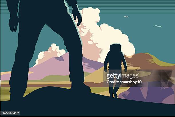 ilustraciones, imágenes clip art, dibujos animados e iconos de stock de las personas que salen a caminar/hikers las montañas - track and field