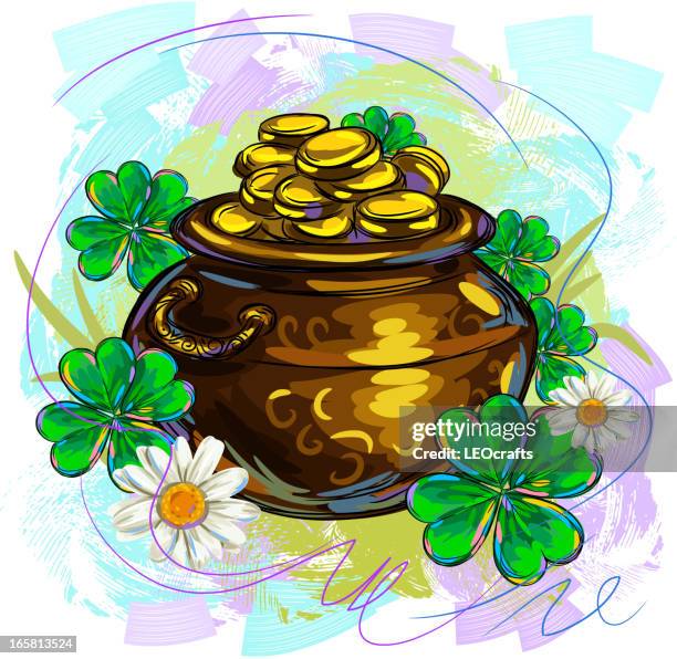 st patricks day cauldron with clovers - copper texture background stock illustrations