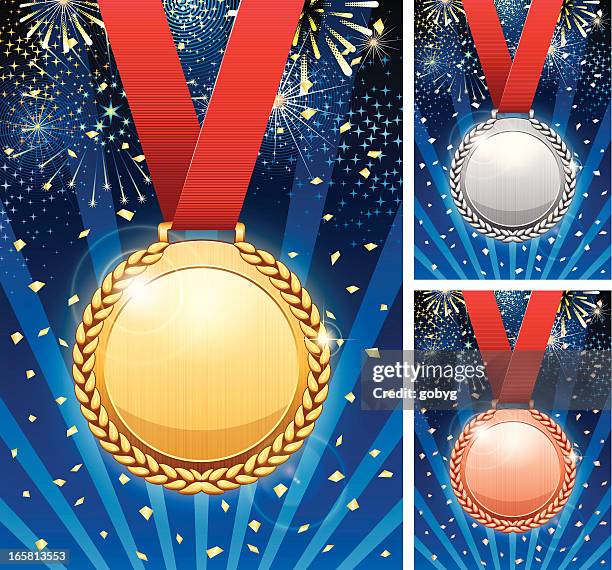 stockillustraties, clipart, cartoons en iconen met winner celebration with medals - bronskleurig