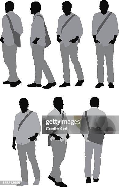 multiple images of a man with shoulder bag - hands in pockets vector stock illustrations